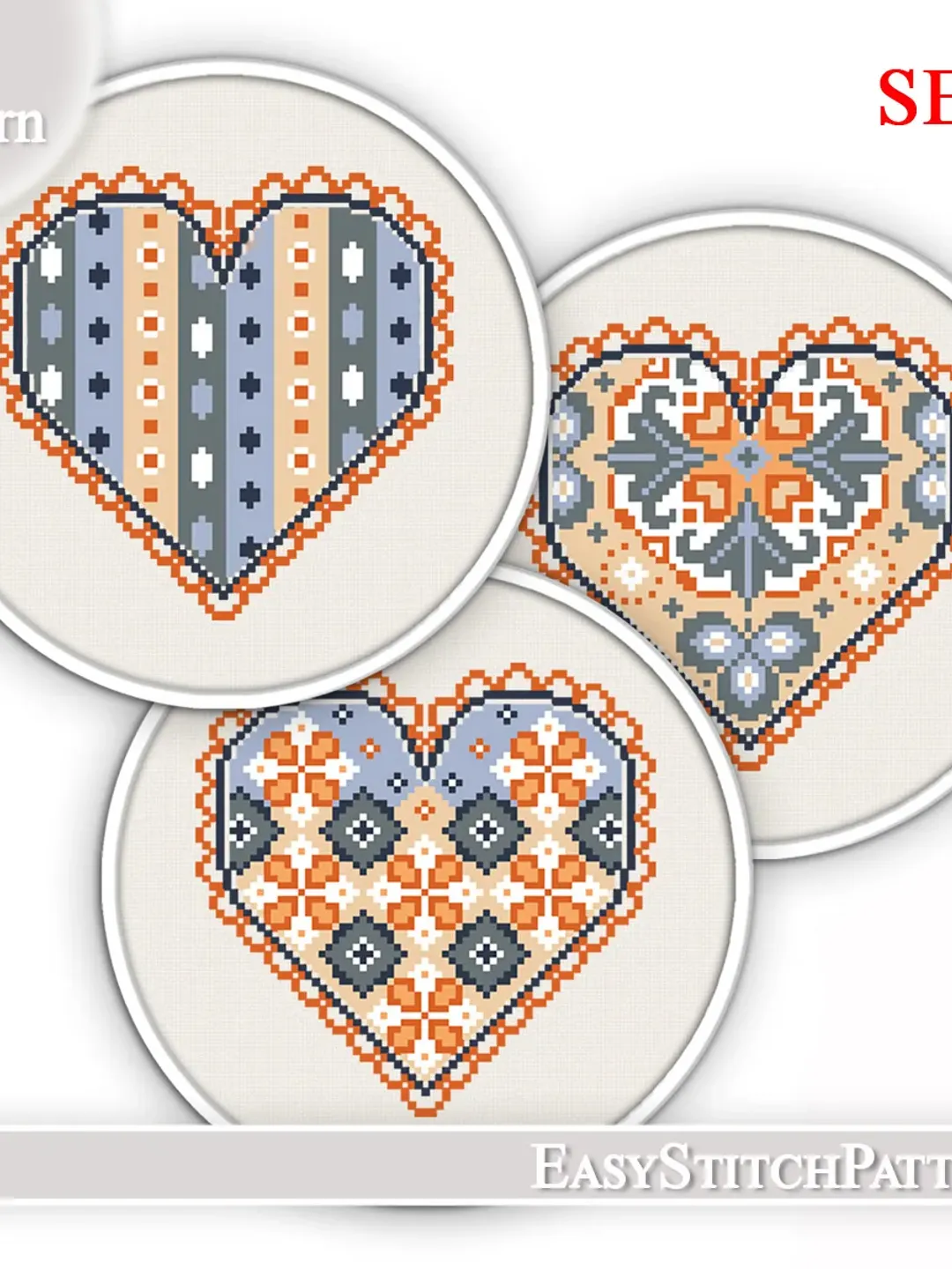 Hearts Modern Cross Stitch Patterns. set of 3. Valentine's day.