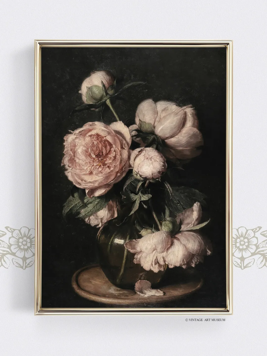 Dark Vintage Pink Peonies Art Print, Moody Floral Still Life Oil ...