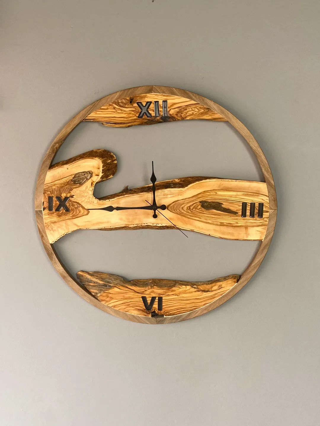 Unique Custom Made Olive Wood Wall Clock with Wooden Frame, Live Edge ...