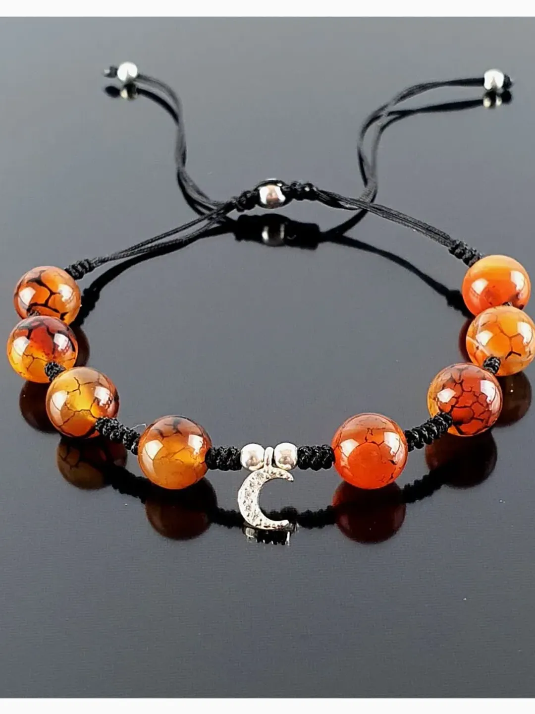 Spider Agate Bracelet, Silver New Moon Pendant, 925 Sterling Silver Accessory, Halloween Concept Jewelry, Gifts for Women, Dragon Vein Agate