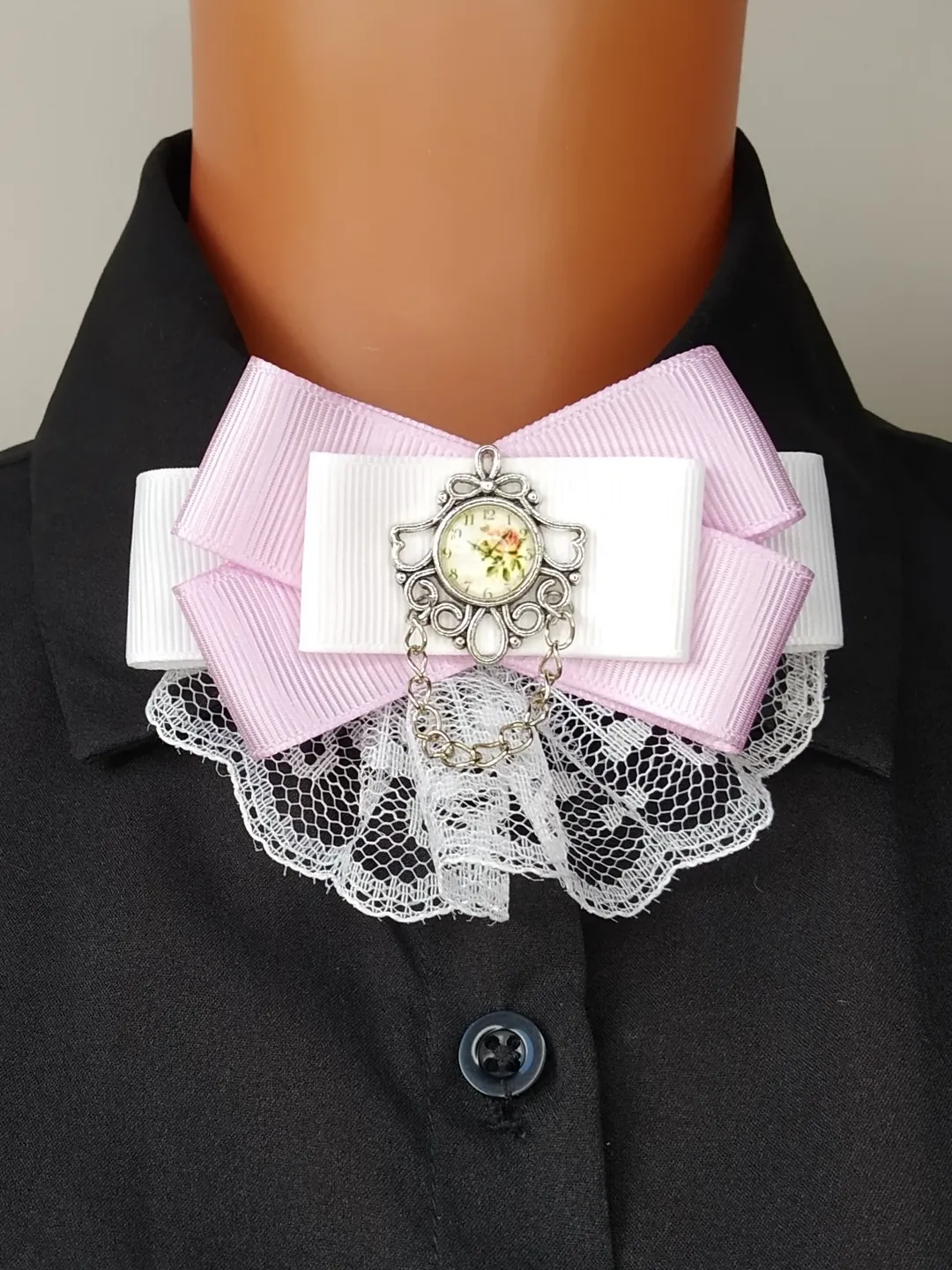 Lilac white bow tie brooch Collar bow brooch Lace bow tie pin with chain Vintage style neck bow