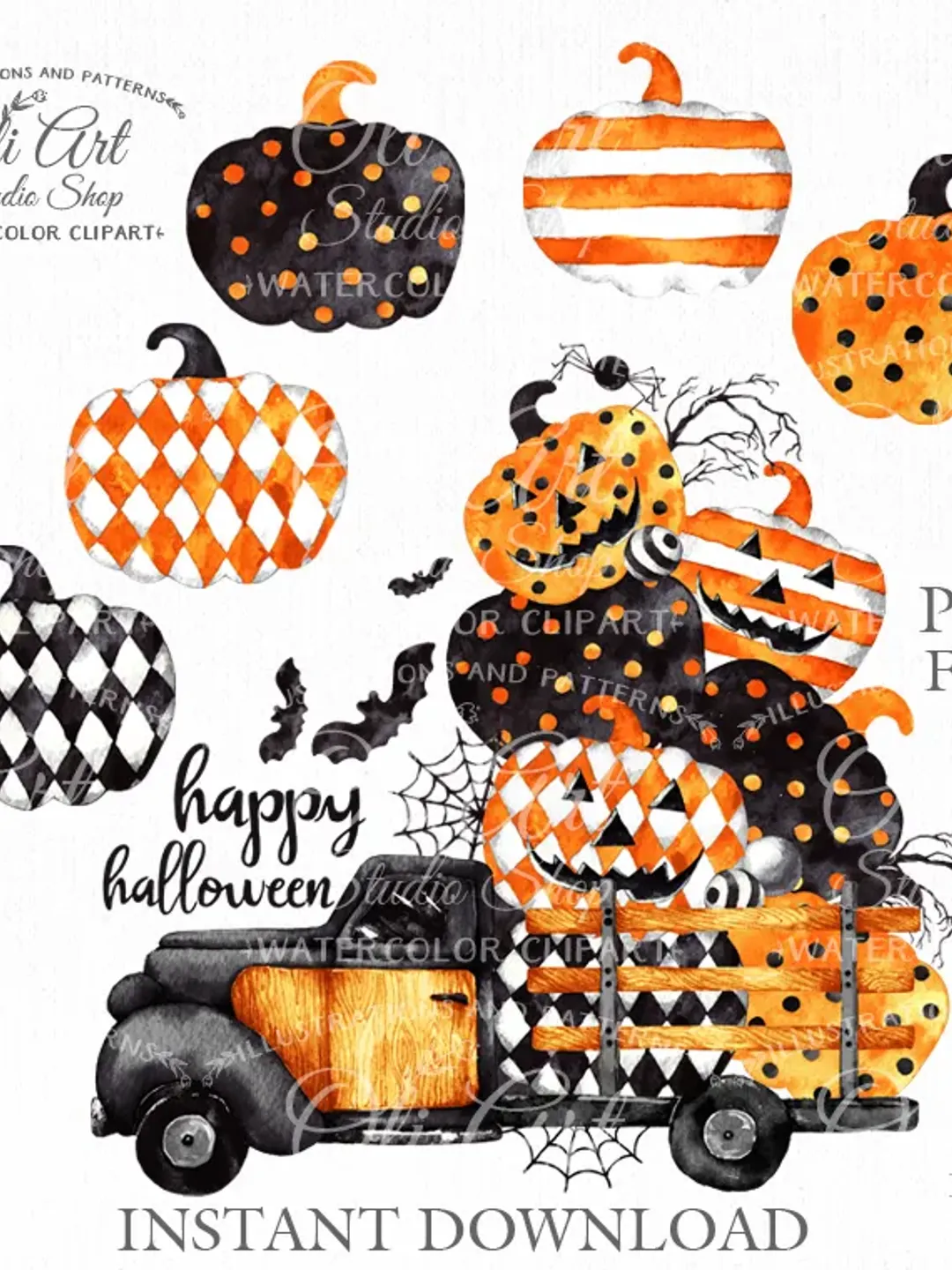 Happy Halloween truck, pumpkin clipart. Hand painted clipart. Sublimation Png, Design Digital Download. OliArtStudioShop