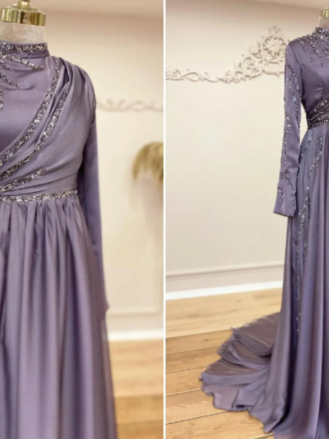 AHUNARE HIJAB - Şura  Lilac Chiffon Embroidered Wedding Dress, Muslim Evening Gown, Nikah, Islamic Wedding, Engagement, Bridesmaid,