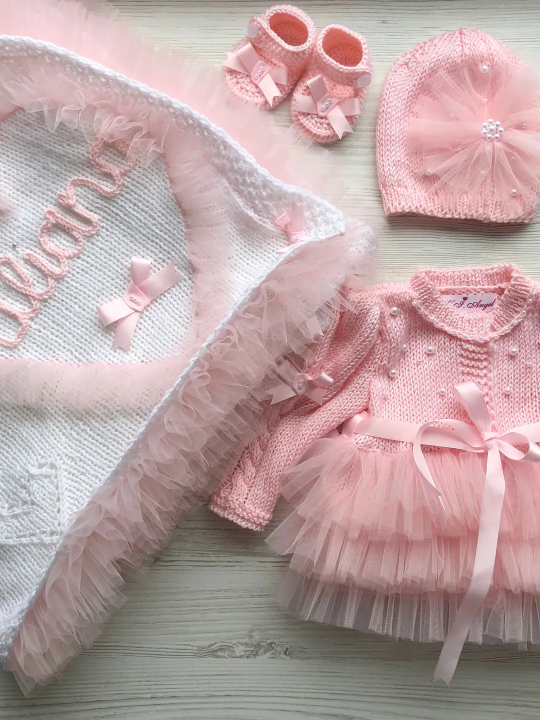 Knit clothing set for baby girl. Blanket with baby’s name, dress, hat and booties. Take home outfit for baby girl. Baptism gown for girl.