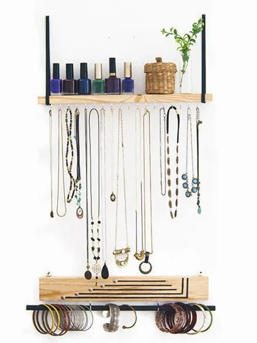 Wall Mount Jewelry Organizer For Storage Solid Wood Shelf with Metal Hooks Jewelry Organizer Necklace Holder and Bracelets Holder