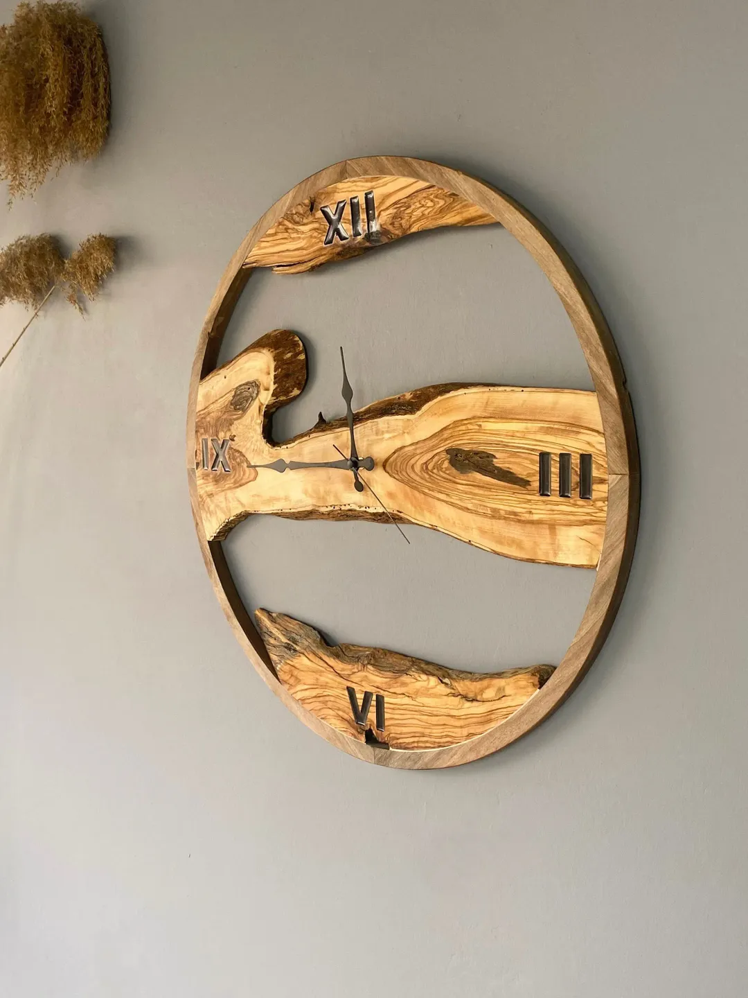 Unique Custom Made Olive Wood Wall Clock with Wooden Frame, Live Edge Wall Clock, Oversized Wall Clock