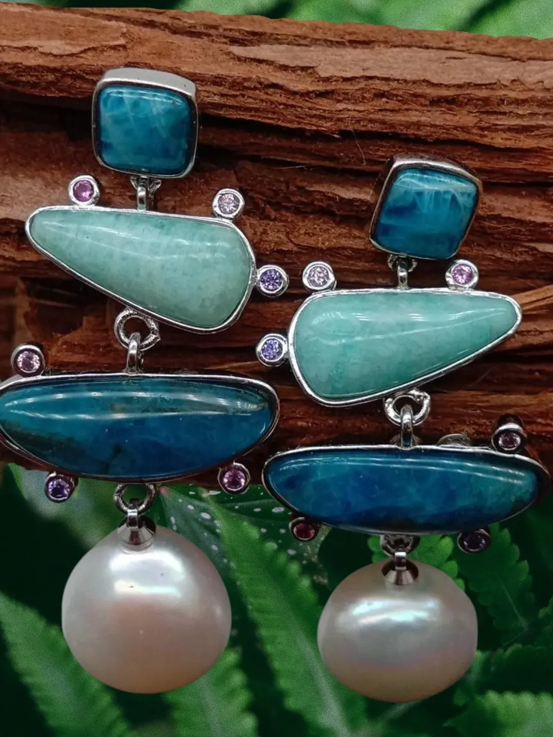 Handmade Turquoise Apatite and Amazonite Dangle Earrings with Pearl and Gold Plating