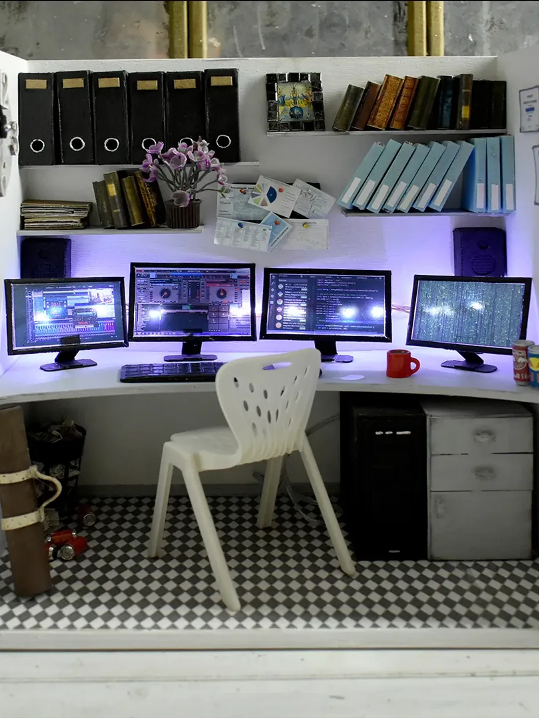 Book nook between books AN IT-shnik's OFFICE Miniature on a bookshelf