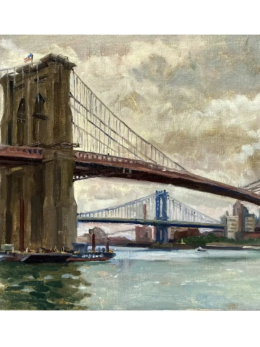 Large Original New York Cityscape Painting - Brooklyn Bridge/NYC - 14x24 Oil on Linen, Impressionist Fine Art, Signed Plein Air Landscape