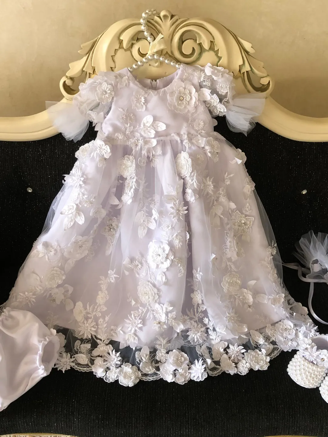 White dress with 3d flowers, sparkles and pearls, panties, bonnet and shoes. Baptism outfit for baby girl. Christening gown for baby girl.