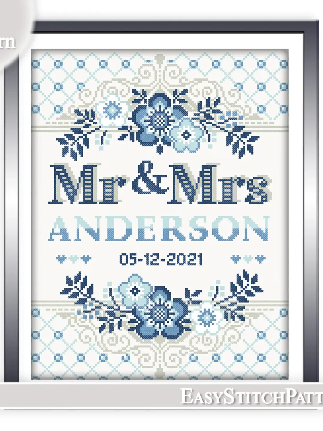 DIY. Wedding cross stitch pattern. Border cross stitch pattern. Flower Frame cross stitch.