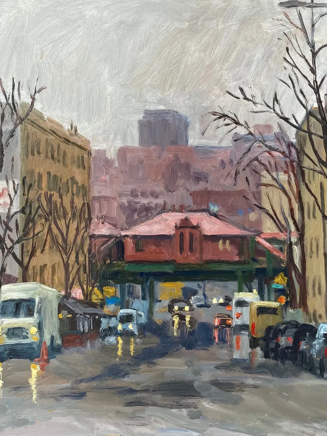 Original Bronx Oil Painting Landscape - Rainy Morning 238th Street/NYC - 12x16 Oil on Panel, Urban Impressionist Cityscape Street Scene