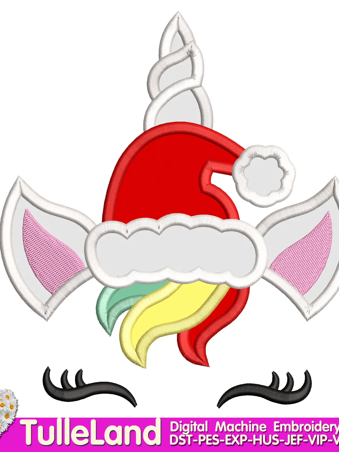 Christmas Unicorn Horn Crown Santa Hat Head Face Magical Reindeer Design applique for Machine Embroidery