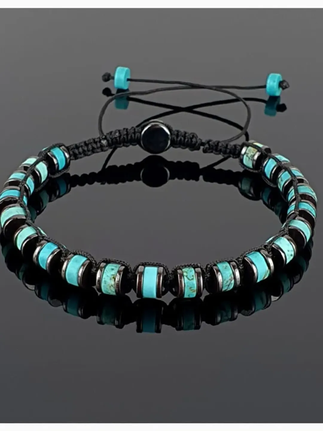 Turquoise Macrame Bracelet, Hematite Stone, Gift For Men, Gift For Women, Blue Jewelery, Turquoise Beads, Masculine Wristlet, Blue Armband