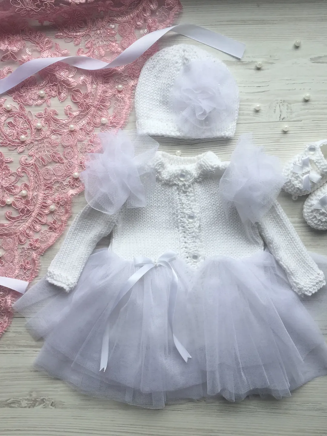 Clothing set for baby born. Hand made knitting dress. Take home outfit for baby girl. Gift for baby born girl. Dress for newborn.