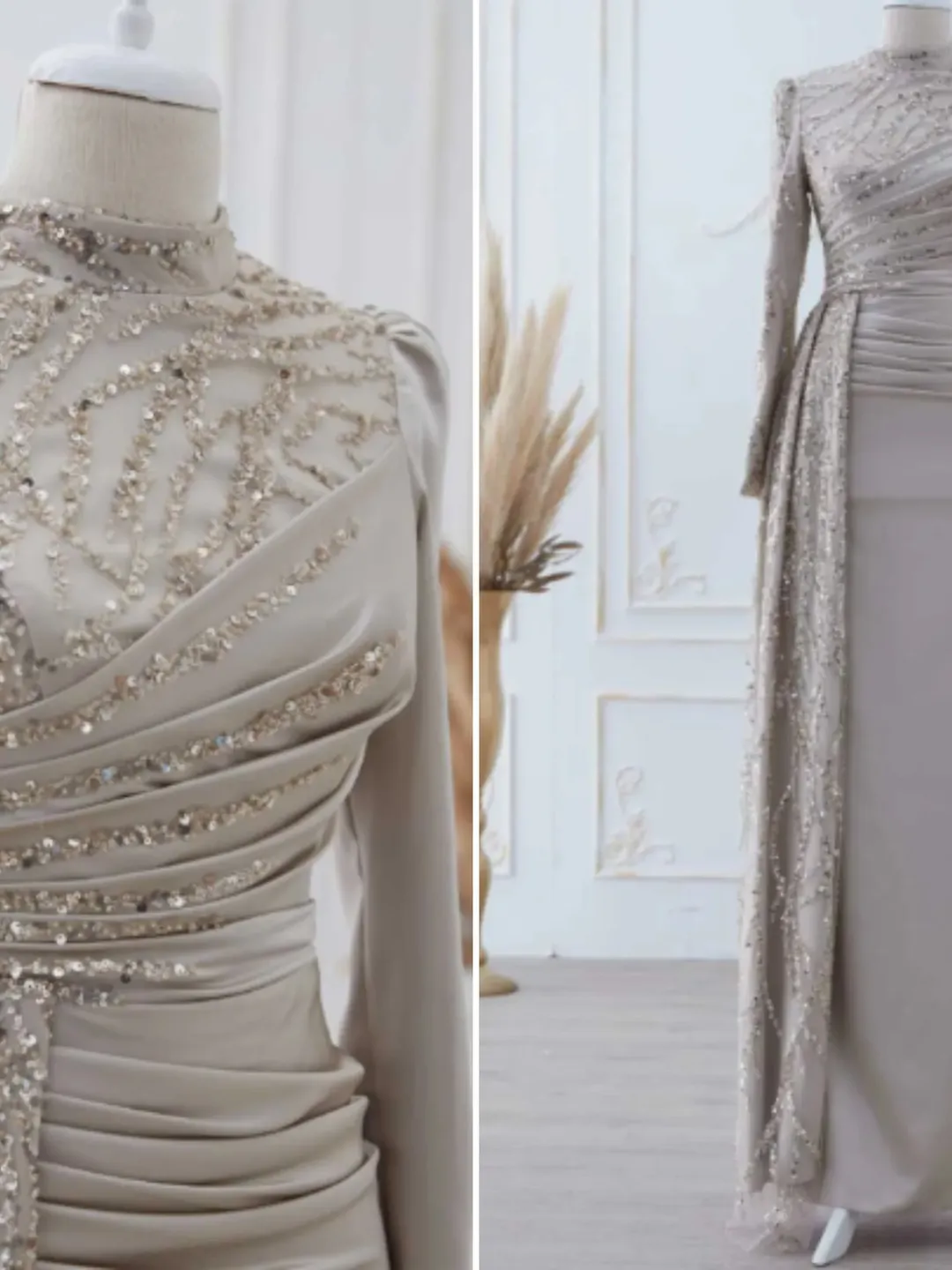 Güneş Cream Side-Tailed Satin Embroidered Ahunare Wedding Dress, Muslim Evening Gown,  Islamic Wedding, Engagement, Bridesmaid, Maxi Dress