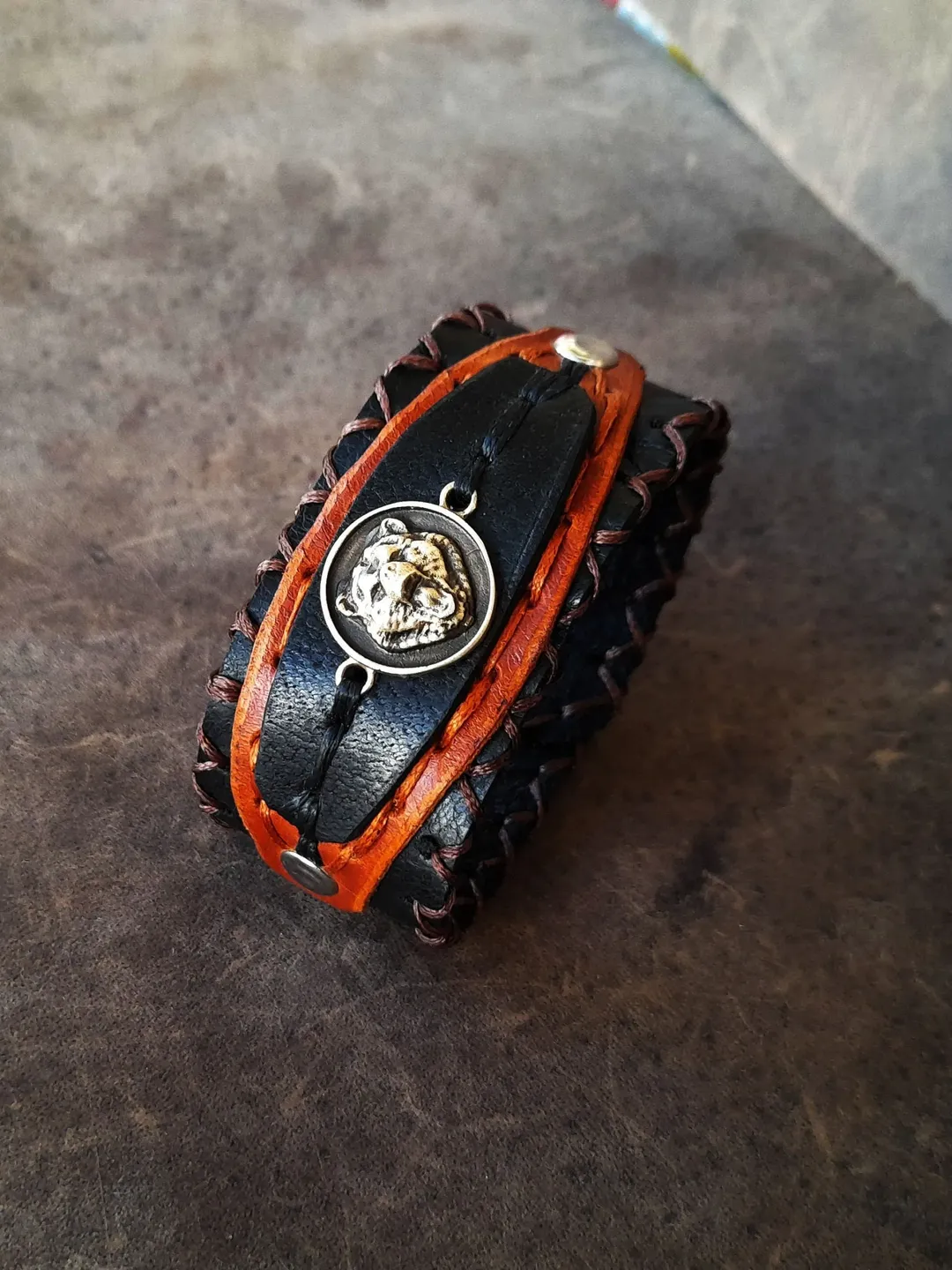 Black Bear Bracelet, Men Leather Black Brown Cuff Bracelet, Spirit Animal, Power/Totem Animal, Gift for Son/Boyfriend, Hand Stitched Leather