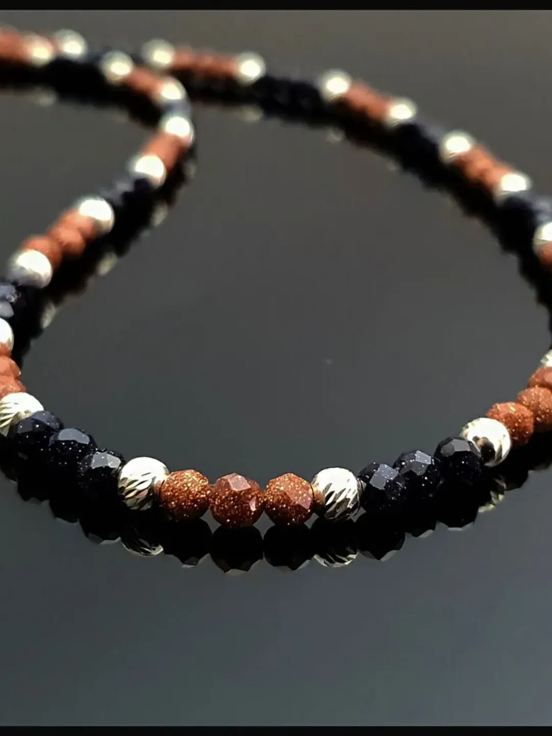 Blue and Brown Goldstone Necklace, 925 Sterling Silver Jewellery, Charming Accessory, Beaded Necklace, Navy Starstone, Gifts for Women, Mom