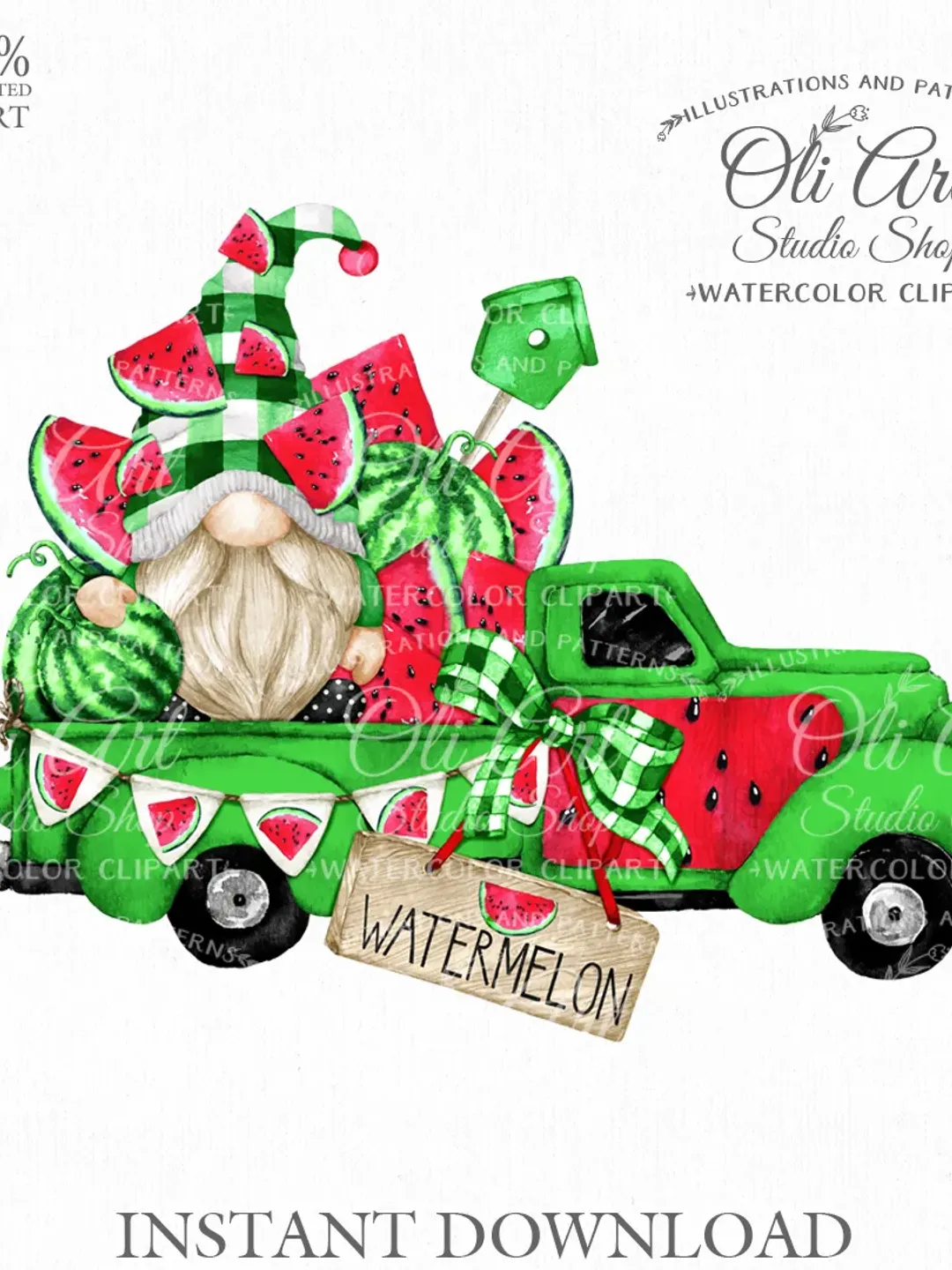 Truck With Watermelons, Gnome Clipart. Hand Drawn Graphics, Instant Download. Digital Download. OliArtStudioShop