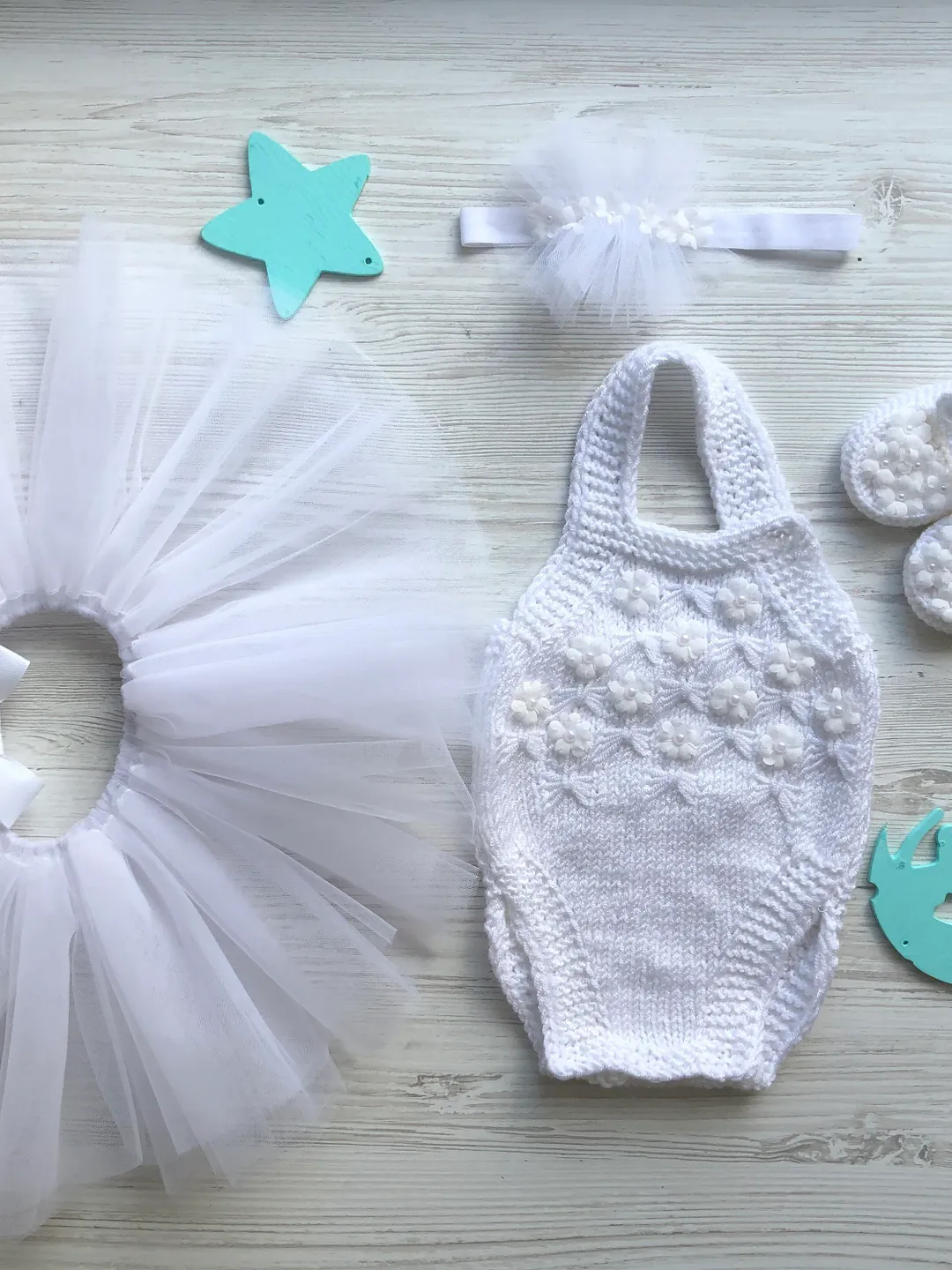 White romper with 3d flowers and pearls, tutu, headband and booties. Baby’s picture gown. First birthday outfit for baby girl.