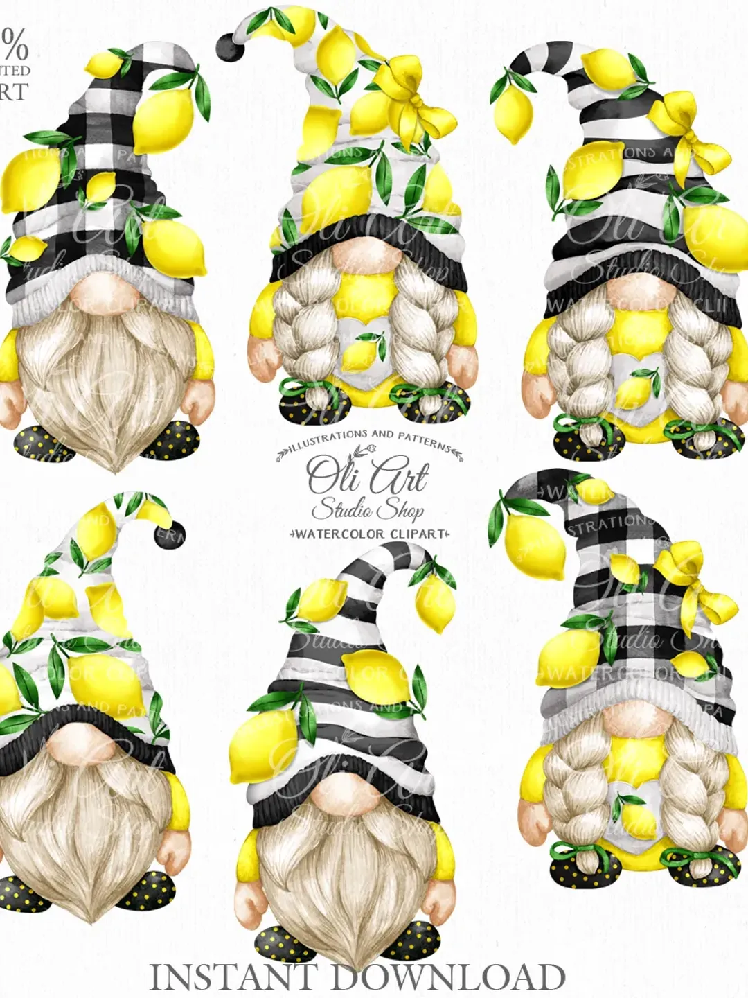 Lemons Gnomes Clip Art. Hand painted clipart. Cute Characters, Hand Drawn graphics. Digital Download. OliArtStudioShop