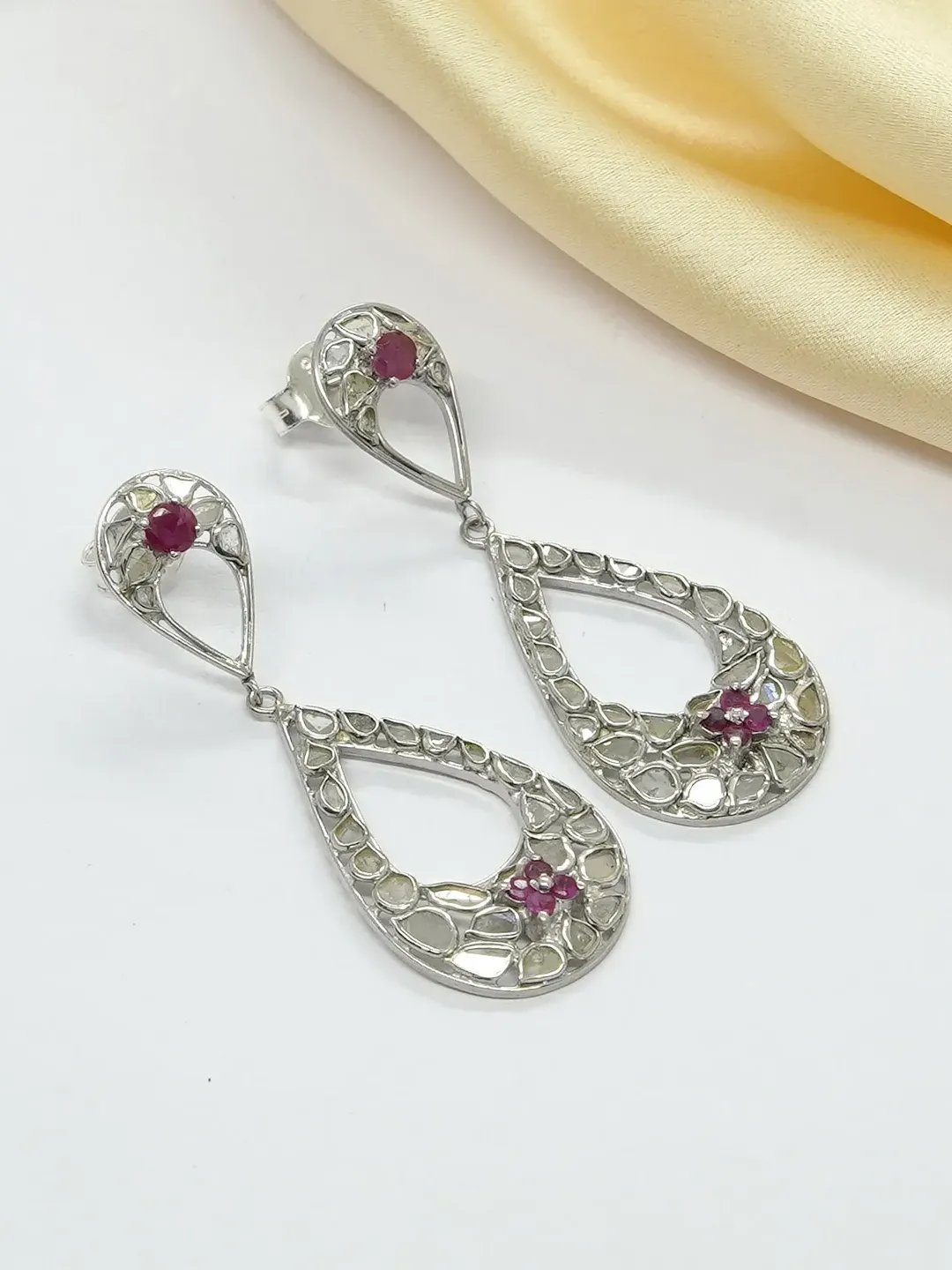 Natural Ruby Dangle Studs, Ruby Studs, Polki Diamond Studs, Diamond Earrings, Polki Earrings, Art Deco Earrings, 925 Sterling Silver Studs
