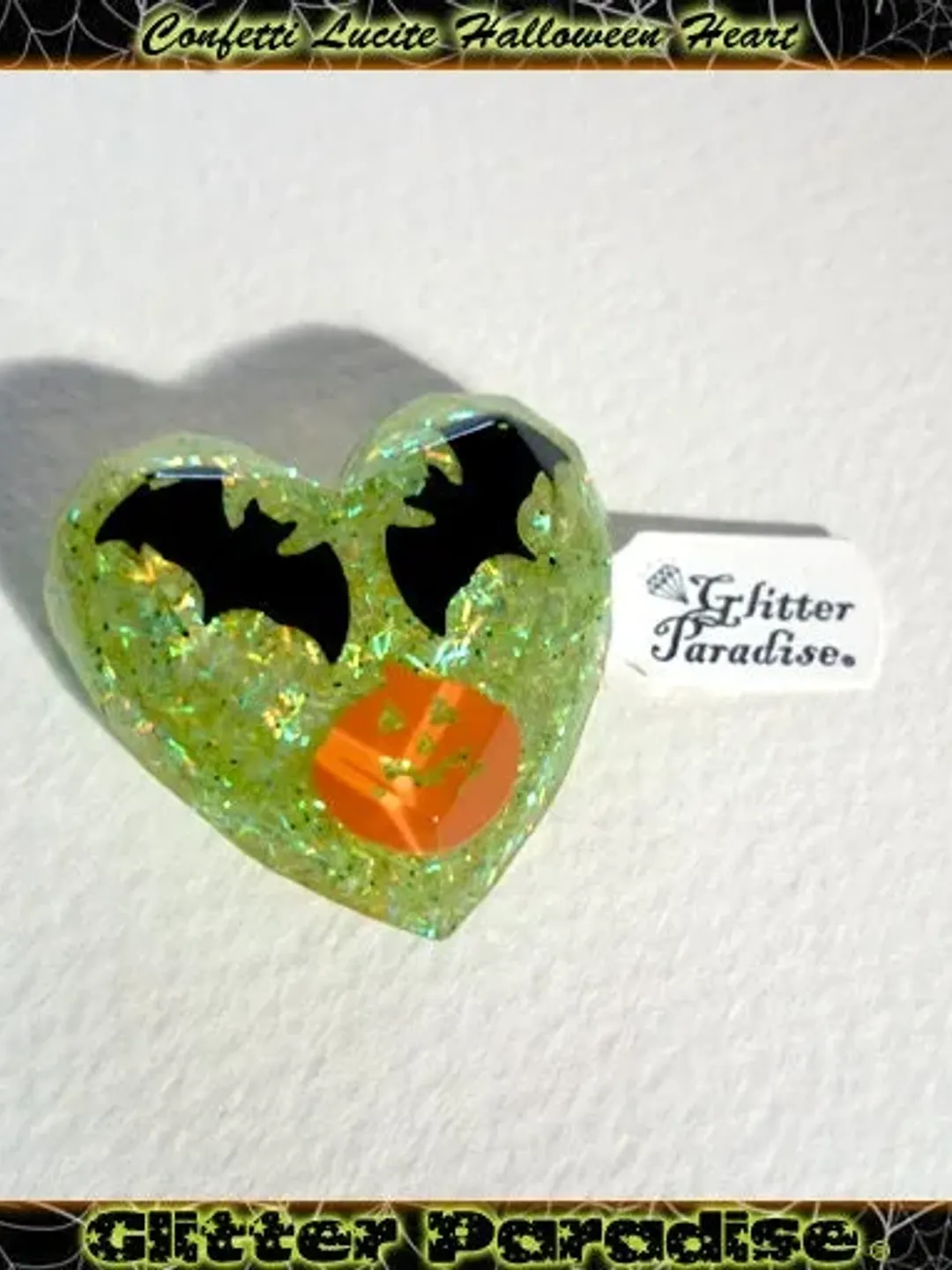 Confetti Lucite Halloween Heart - Brooch - Bat and Pumpkin - Gothic - Halloween Jewelry - Ghoul Gang Jewelry - Darkness - Glitter Paradise®