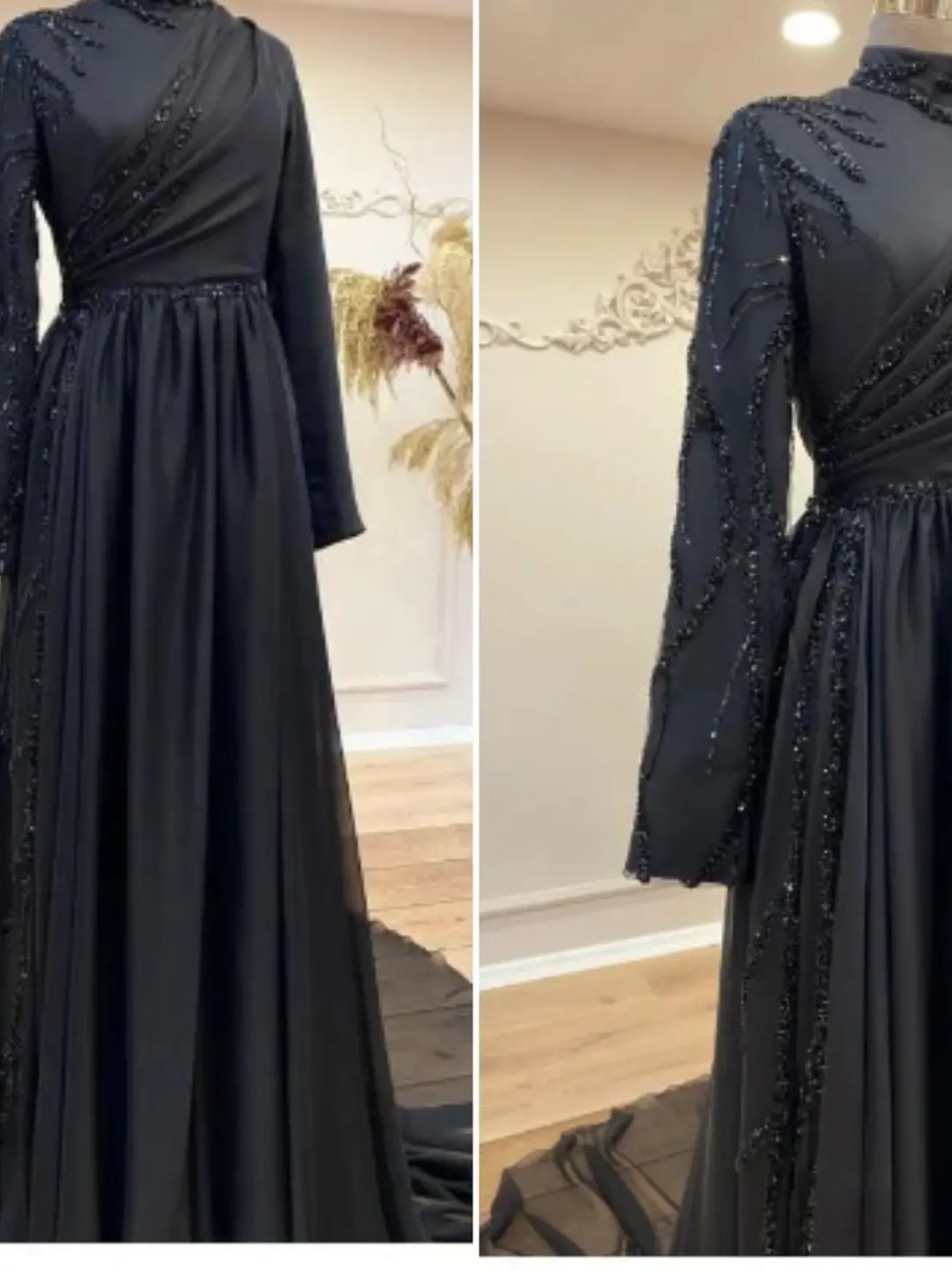 AHUNARE HIJAB - Şura  Black Chiffon Embroidered Wedding Dress, Muslim Evening Gown, Nikah, Islamic Wedding, Engagement, Bridesmaid,