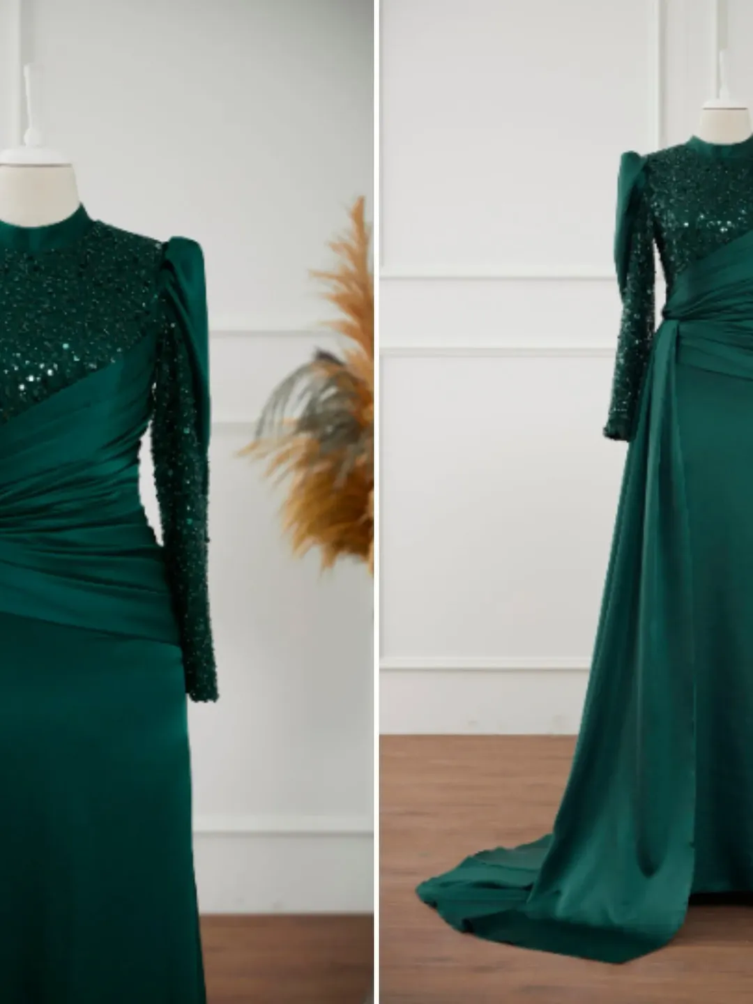 Karel Emerald Satin Side-Tailed Embroidered Wedding Dress, Muslim Evening Gown, Nikah, Islamic Wedding, Engagement, Bridesmaid,