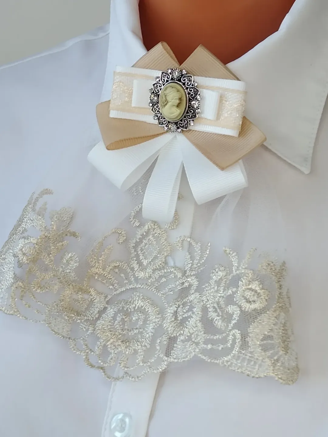 Lace jabot Victorian inspired White golden beige bow tie brooch with ...
