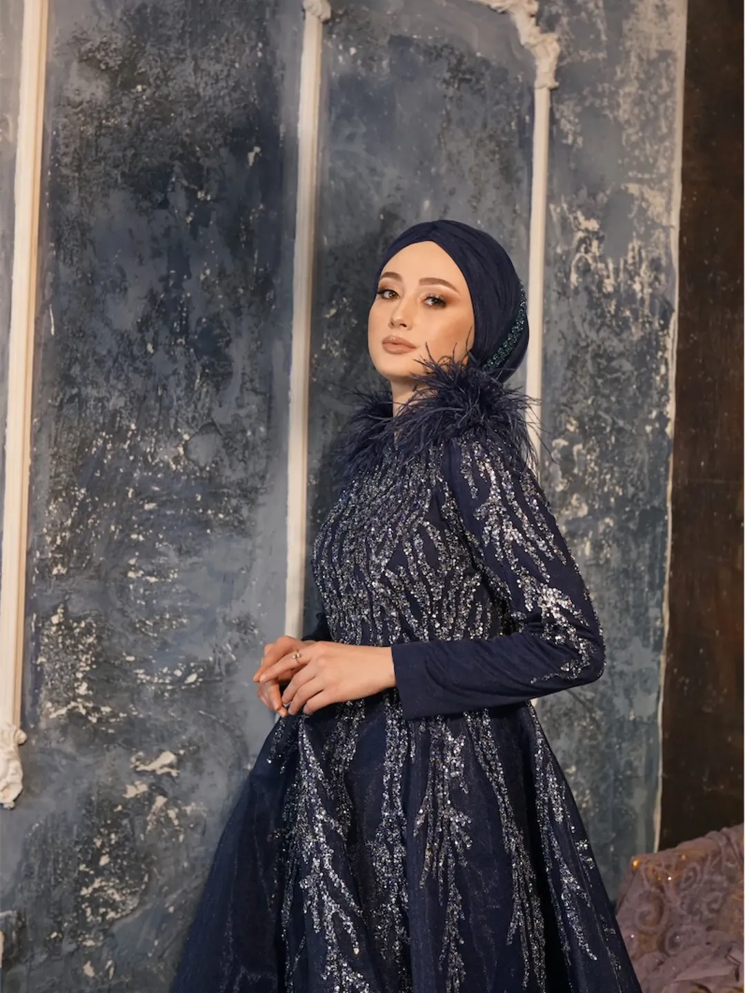 hijab with navy blue dress Navy Blue Turkish Hijab Engagement Gown 60681L