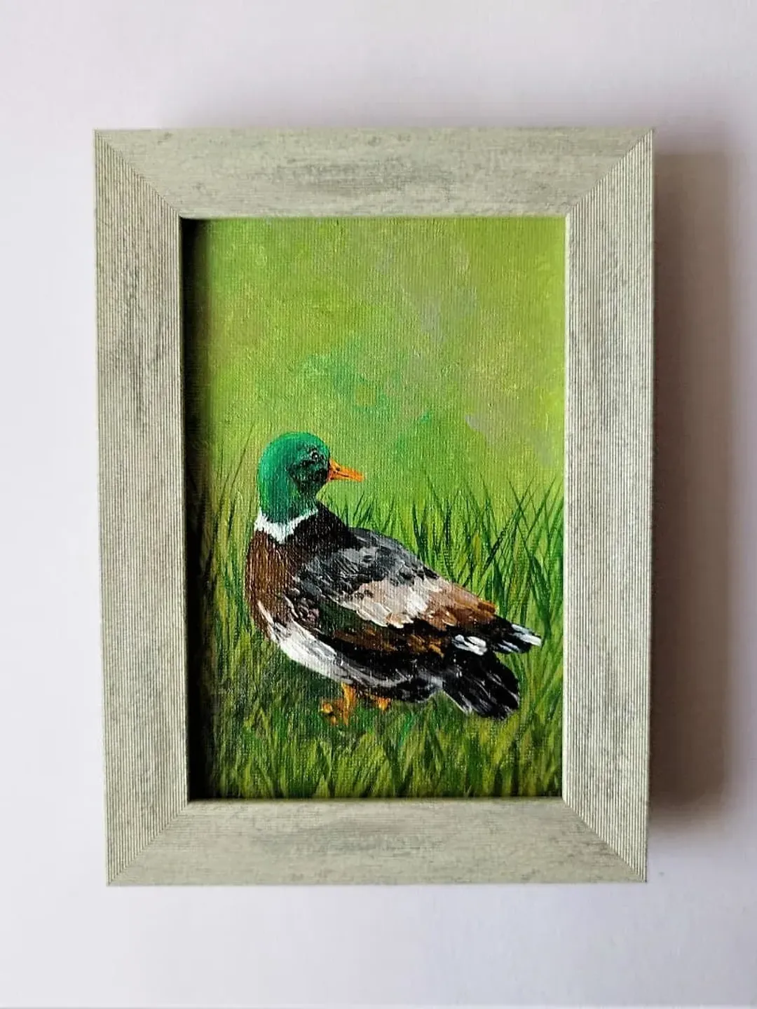 Duck little bird painting, Small wall decor, Farm birds acrylic painting on canvas art impasto