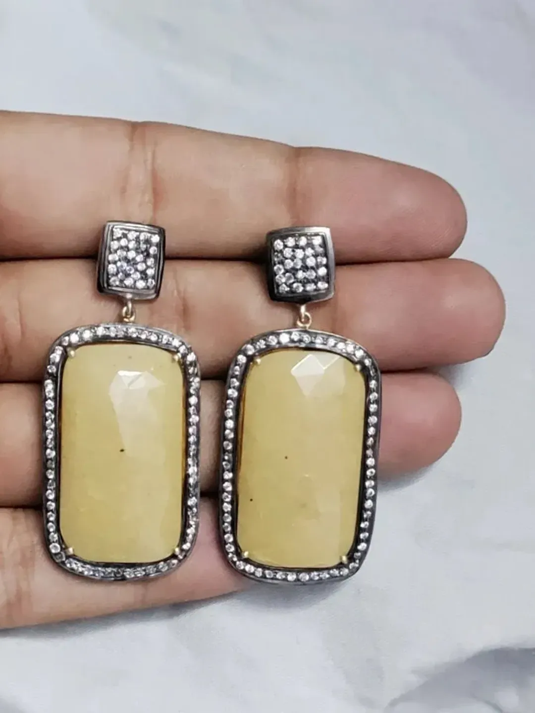 Natural Yellow Sapphire Earrings, Pave Earrings, Sterling Silver Earrings, Victorian Earrings, Statement Jewelry, Boho Earrings