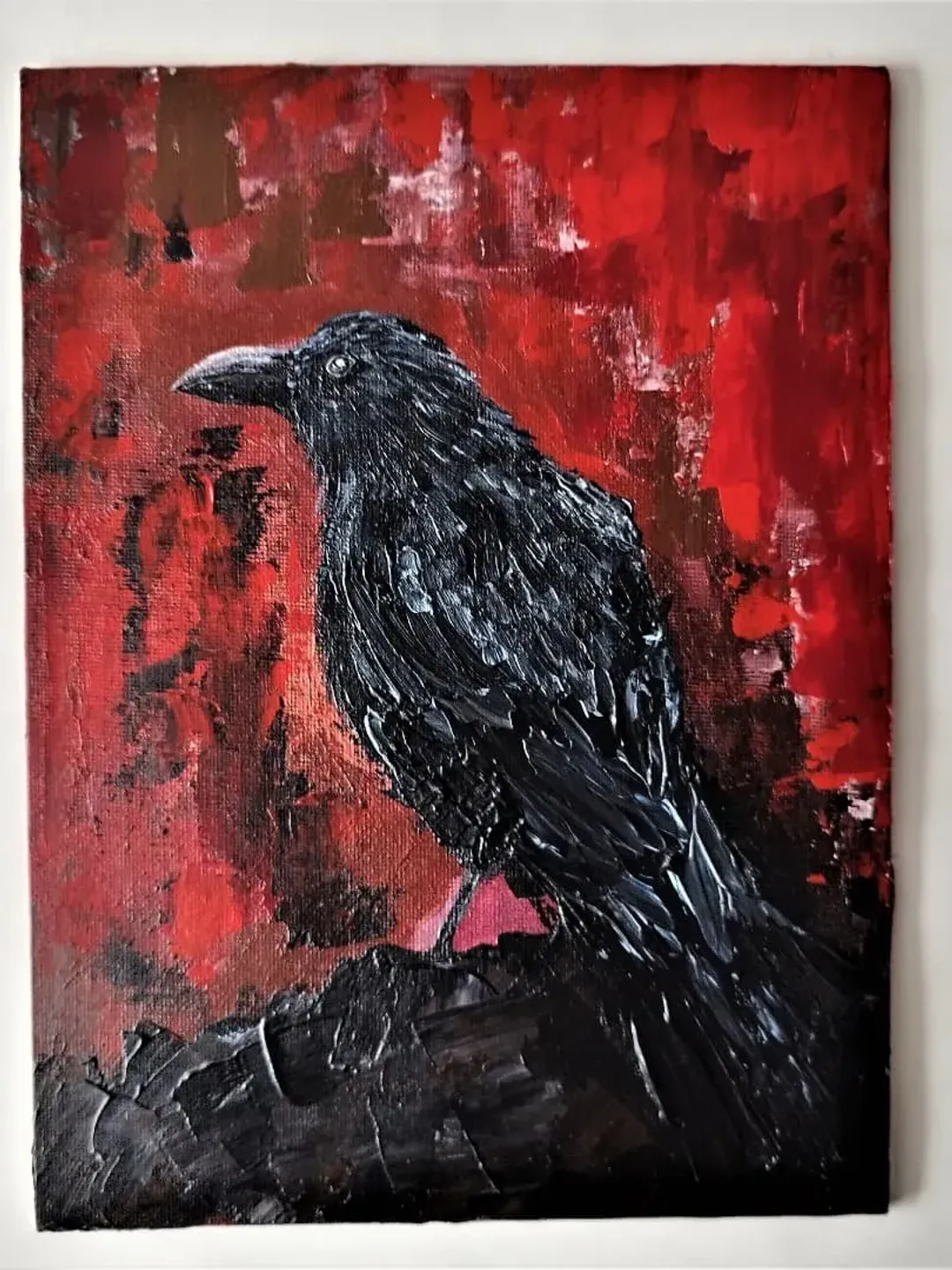 Abstract raven painting black crow art impasto bird artwork