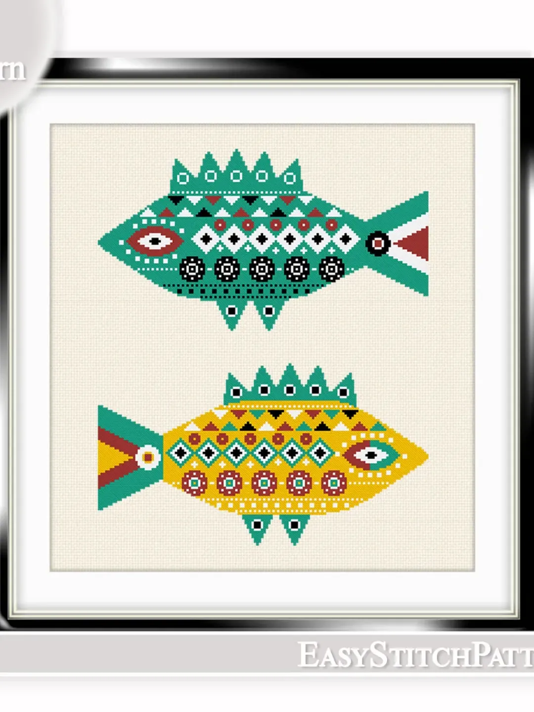 Scandi cross stitch pattern. Abstract fish cross stitch. Ethnic cross stitch pattern.