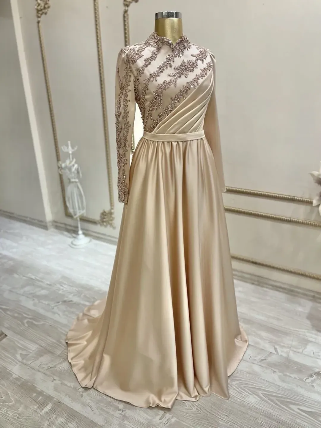 AHUNARE HIJAB - Lara Nehir  Gold Satin Belted Tailed Embroidered Wedding Dress, Muslim Evening Gown, Nikah, Islamic Wedding, Bridesmaid,