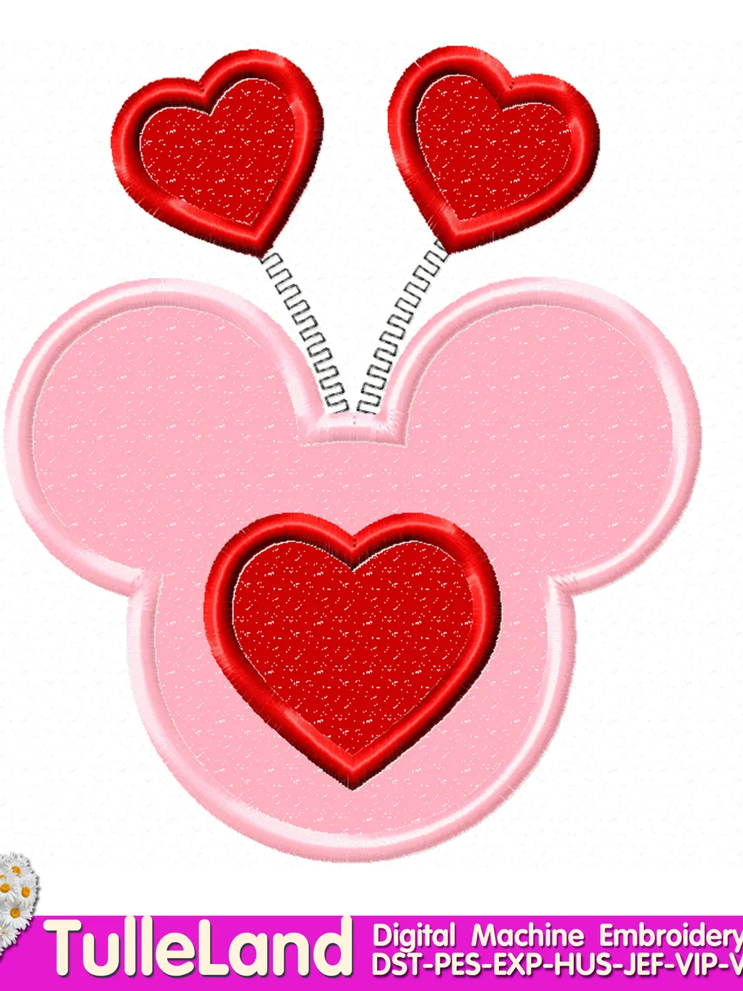 Mouse valentines day Heart Design applique for Machine Embroidery