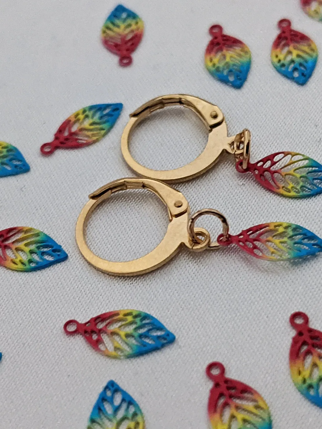 Rainbow Leaf earrings, huggies earrings, boho earrings tropical earrings, beach wear,