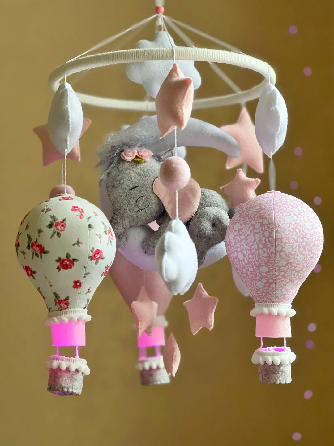 Hot air balloon mobile elephant, Baby mobile girl, Musical felt mobile, Crib mobile Bebe