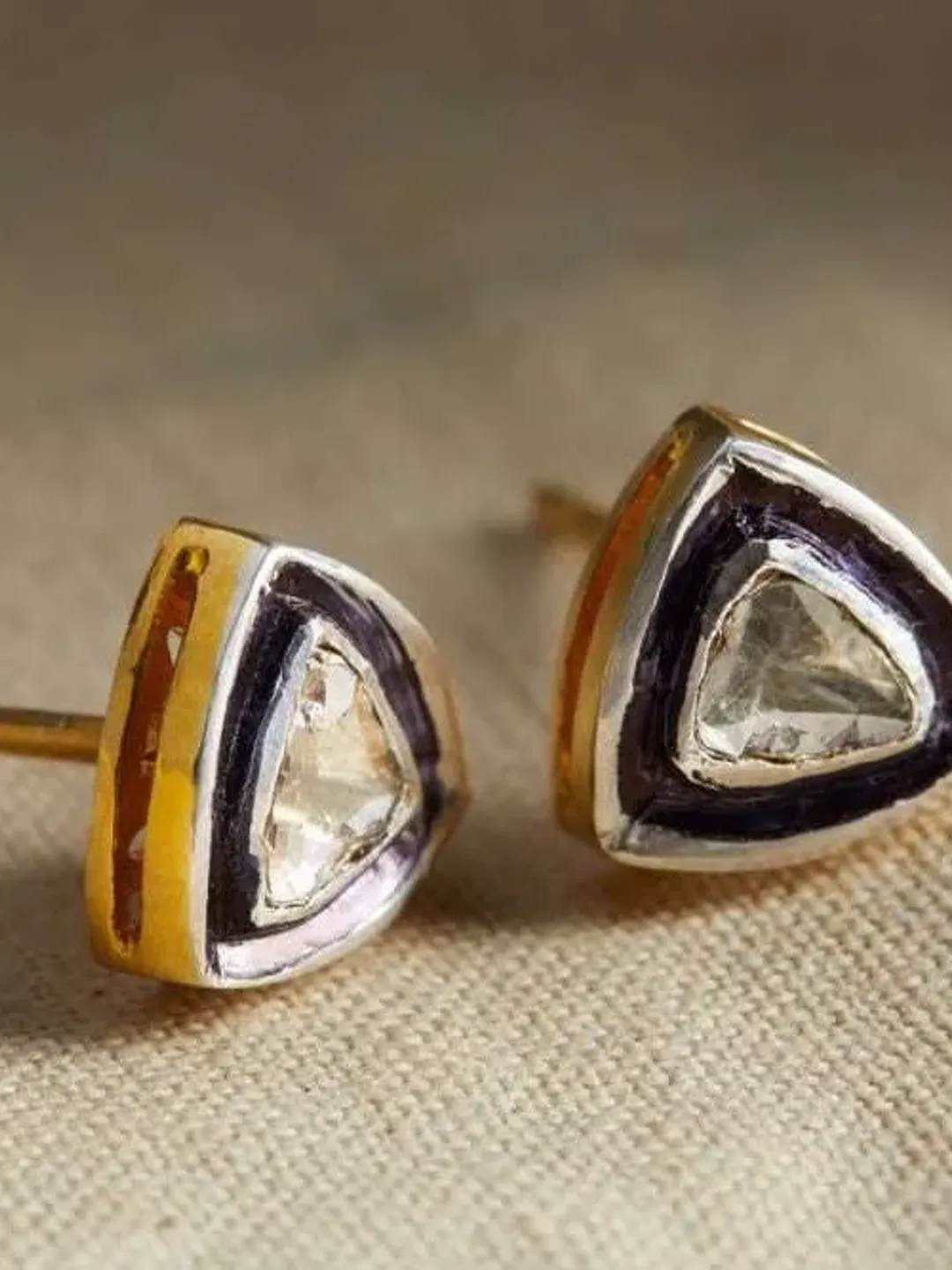 Polki Diamond Studs, Triangle Shape Studs, Sterling Silver Stud, Victorian Earrings, Oxidized Jewelry, Polki Earrings, Art Deco Earrings