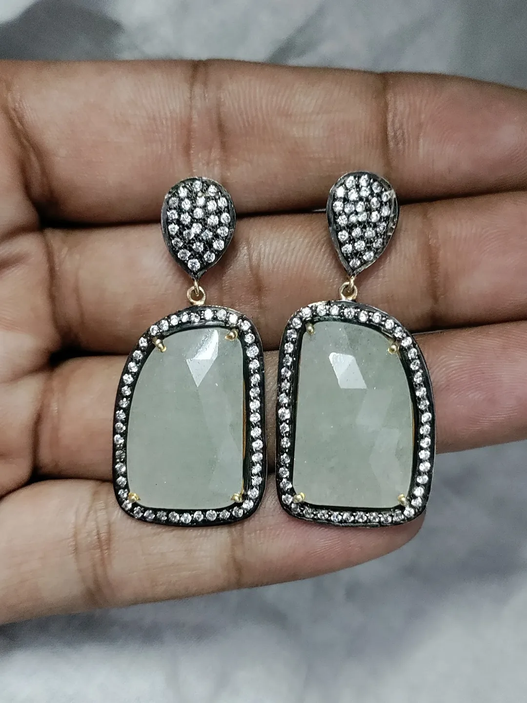 Pave CZ Studs, Natural Chalcedony Earrings, Pave Earrings, Victorian Earrings, Statement Jewelry, Push Back Earrings