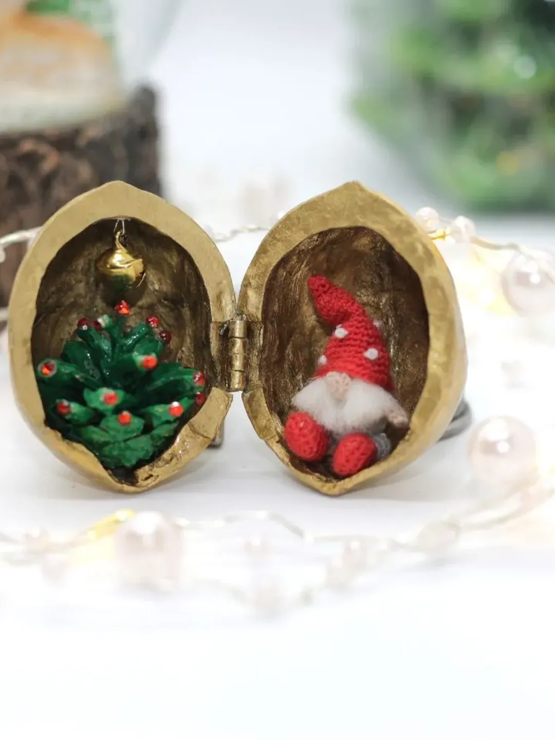 Christmas gnome micro crocheted toy in a tiny house walnut shell dollhouse miniature funny gift for mom handmade gift