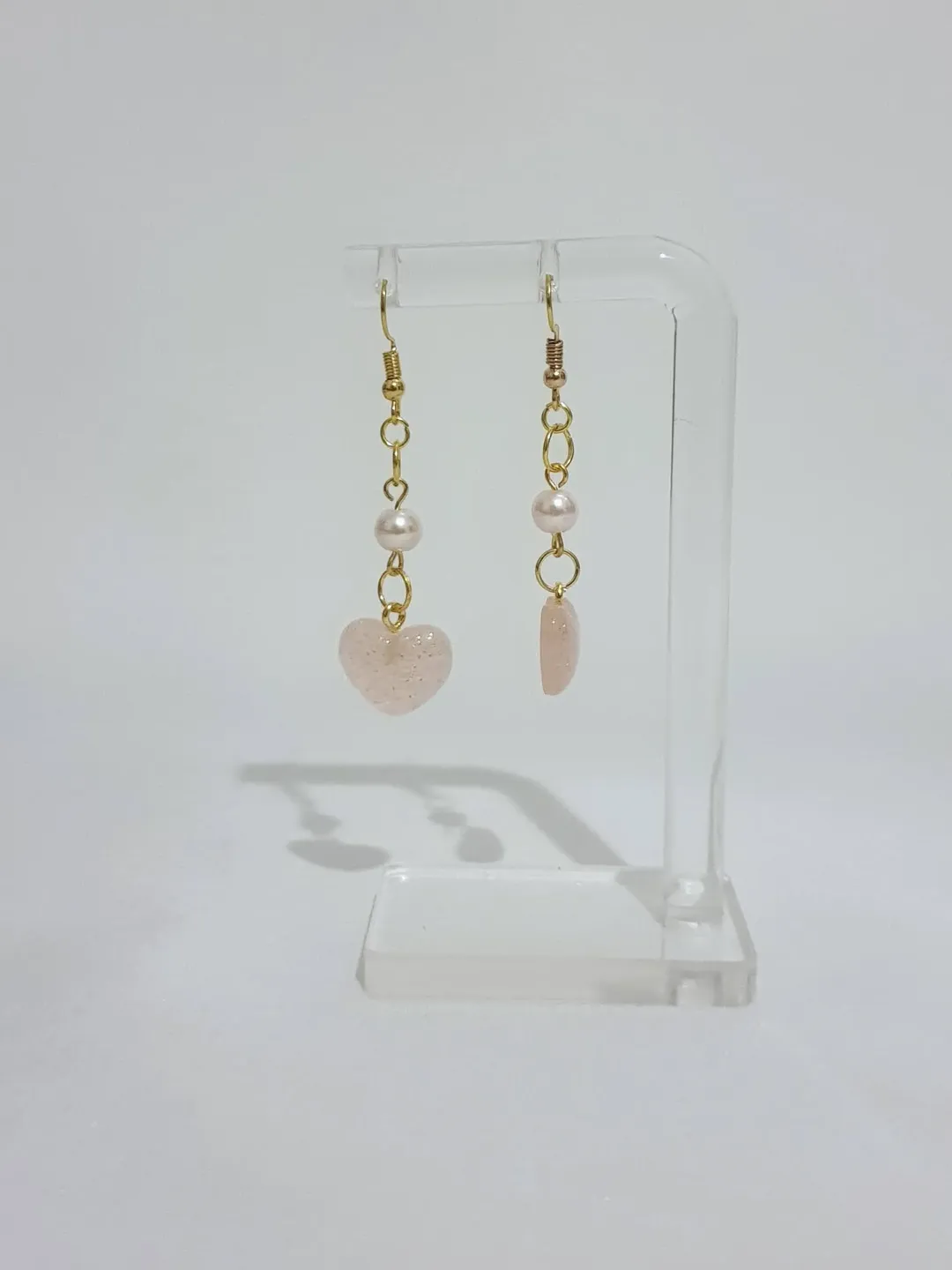Handmade Gold Sparkly Pink Heart Earrings. Feminine Earrings, Pearl Heart Earrings, cute heart earrings.