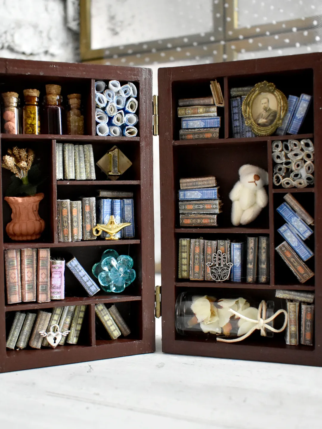 A miniature library with minibooks the bookshelves in the living room