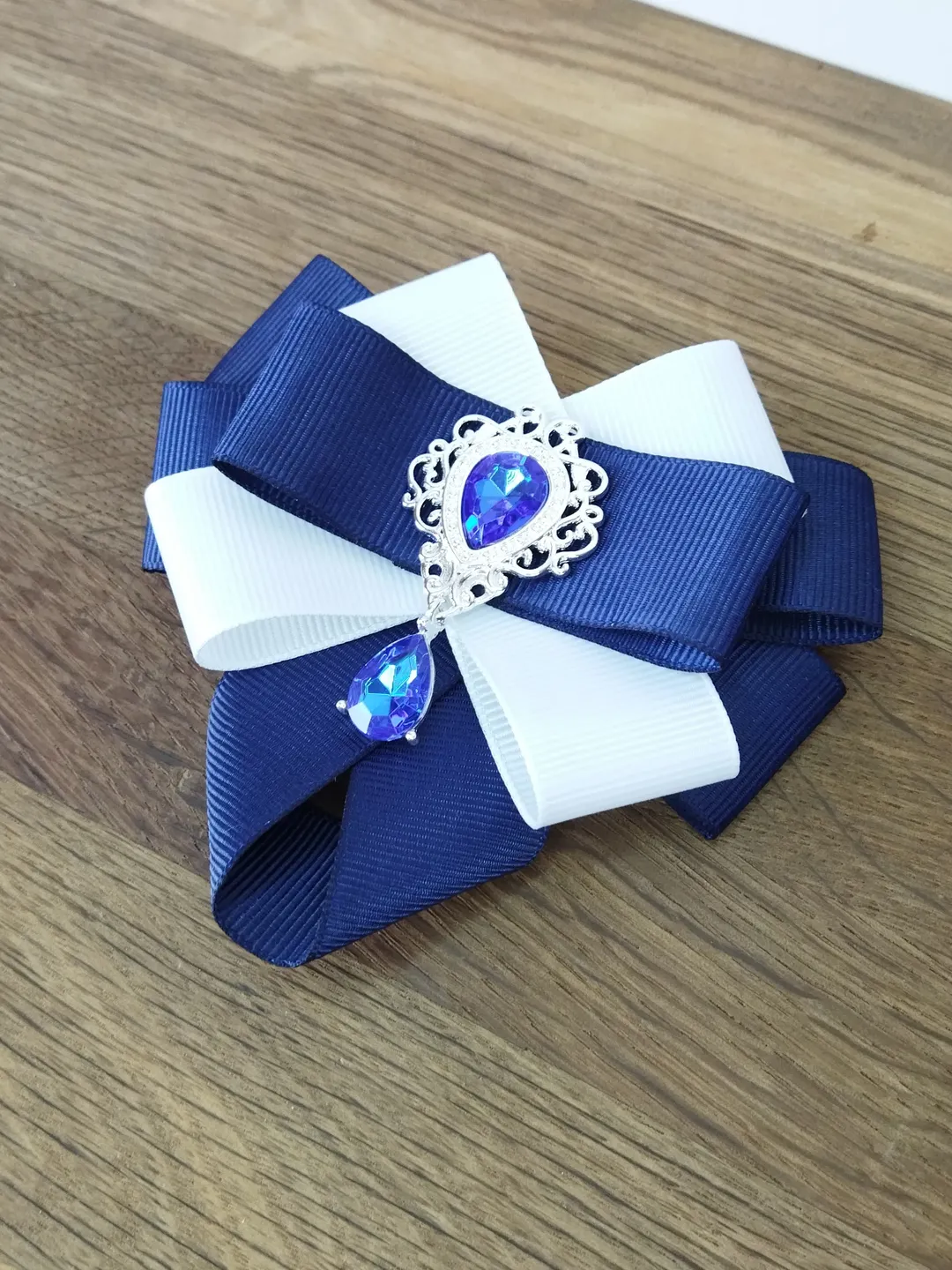 Neck bow for women Blue white collar bow brooch Bow tie pin with blue crystal Vintage style bow brooch tie