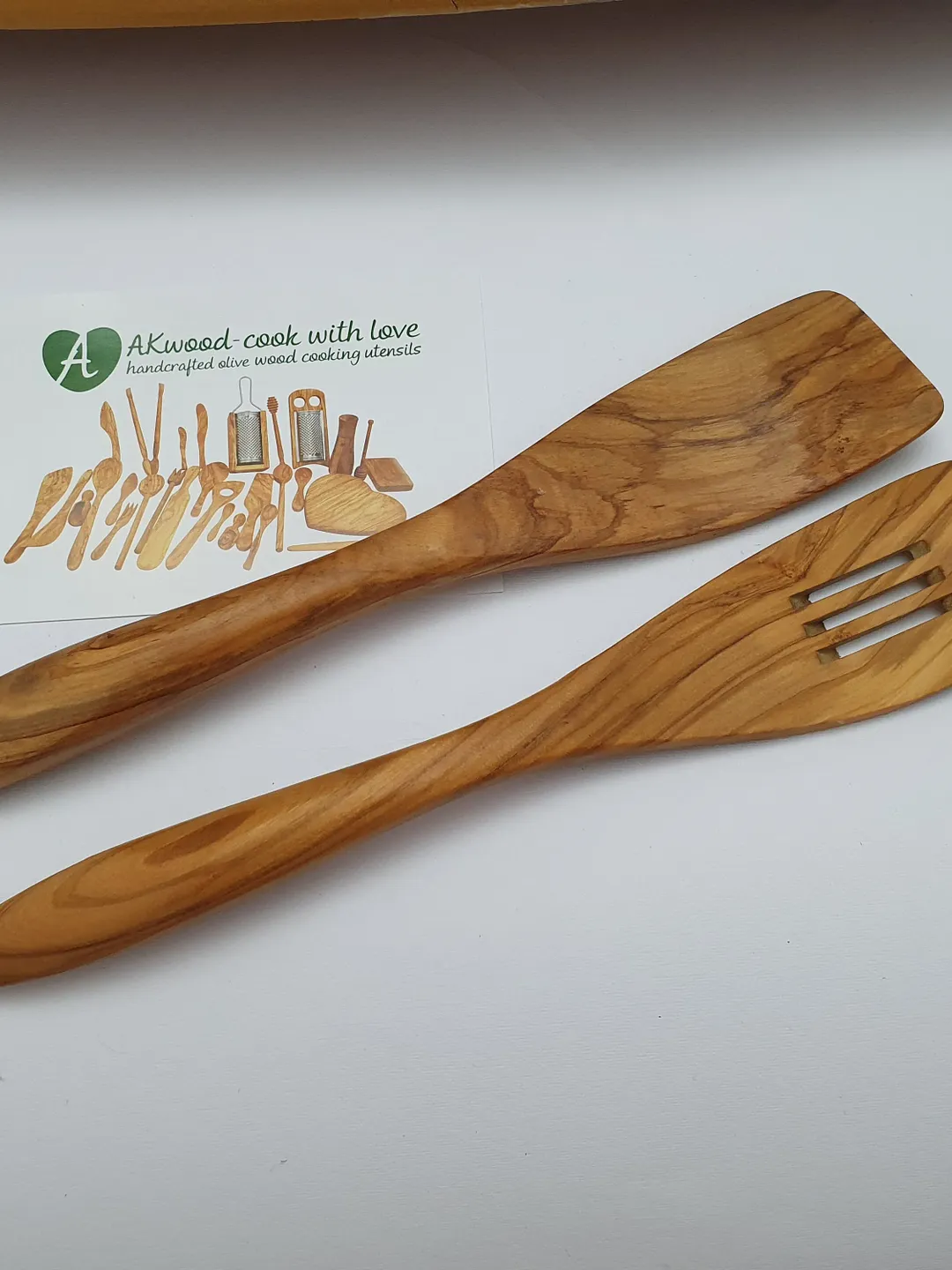 2 Big Handle Curved Spatulas, Normal and Slotted Spatula 32 cm / 12.60" - Handmade Cooking Utensils - AKwood #Z06