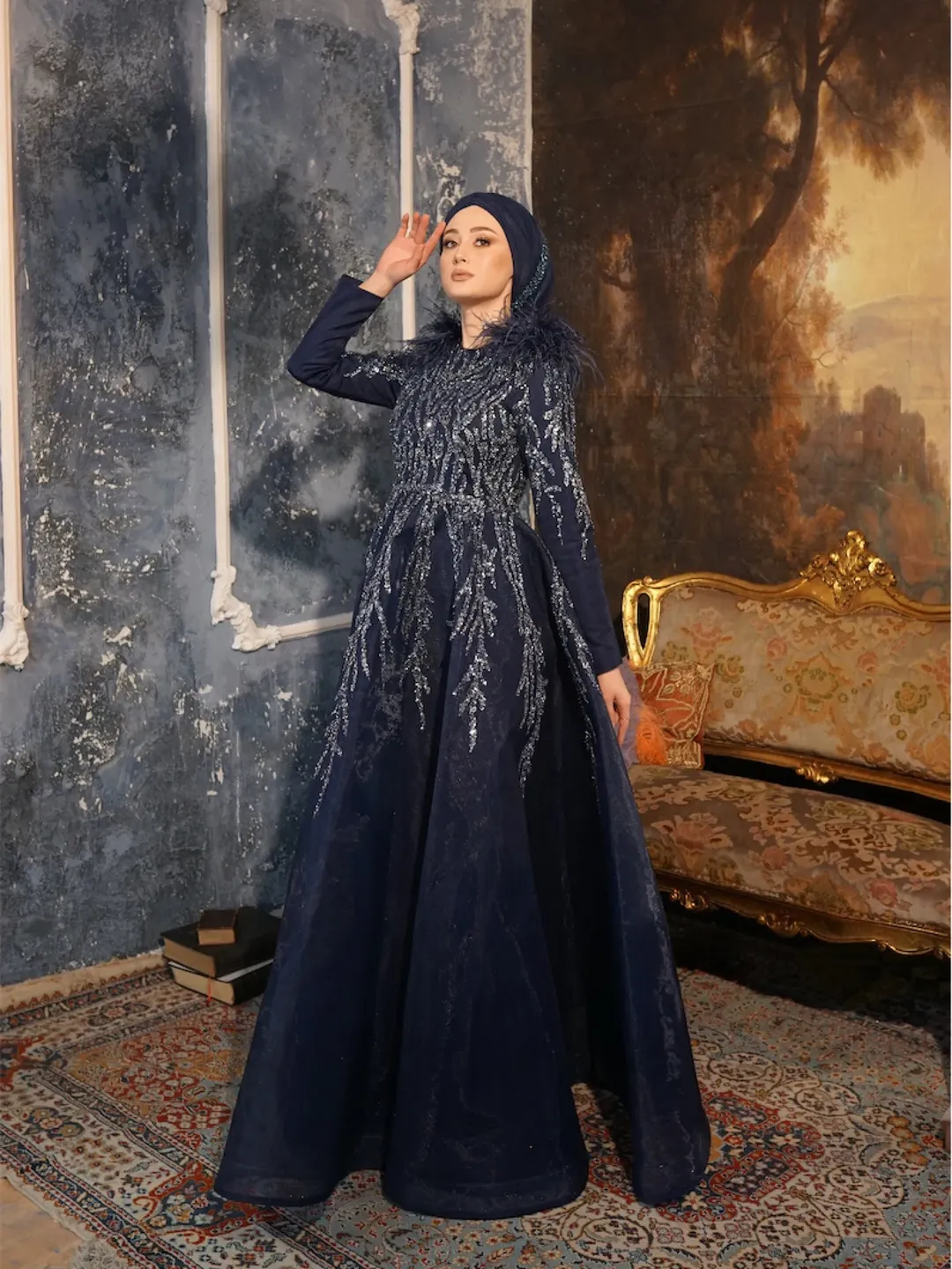 Velvet Dress High Neck Long Sleeve Evening Gowns AHUNARE Hijab Diamond Navy  Blue Embroidered Princess Wedding Dress, Muslim Evening Gown, Islamic  Wedding, Engagement, Bridesmaid,