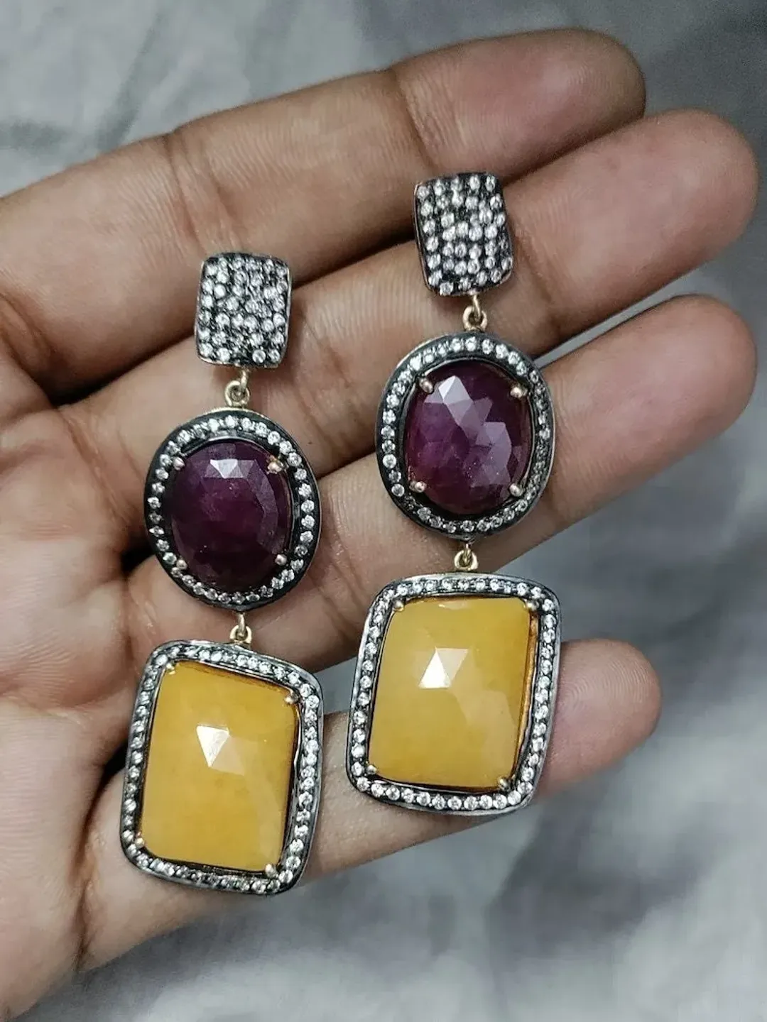 Natural Ruby,Yellow Sapphire Studs, Pave CZ Earrings, Sterling Silver Stud, Victorian Earrings, Statement Jewelry, Push Back Earrings