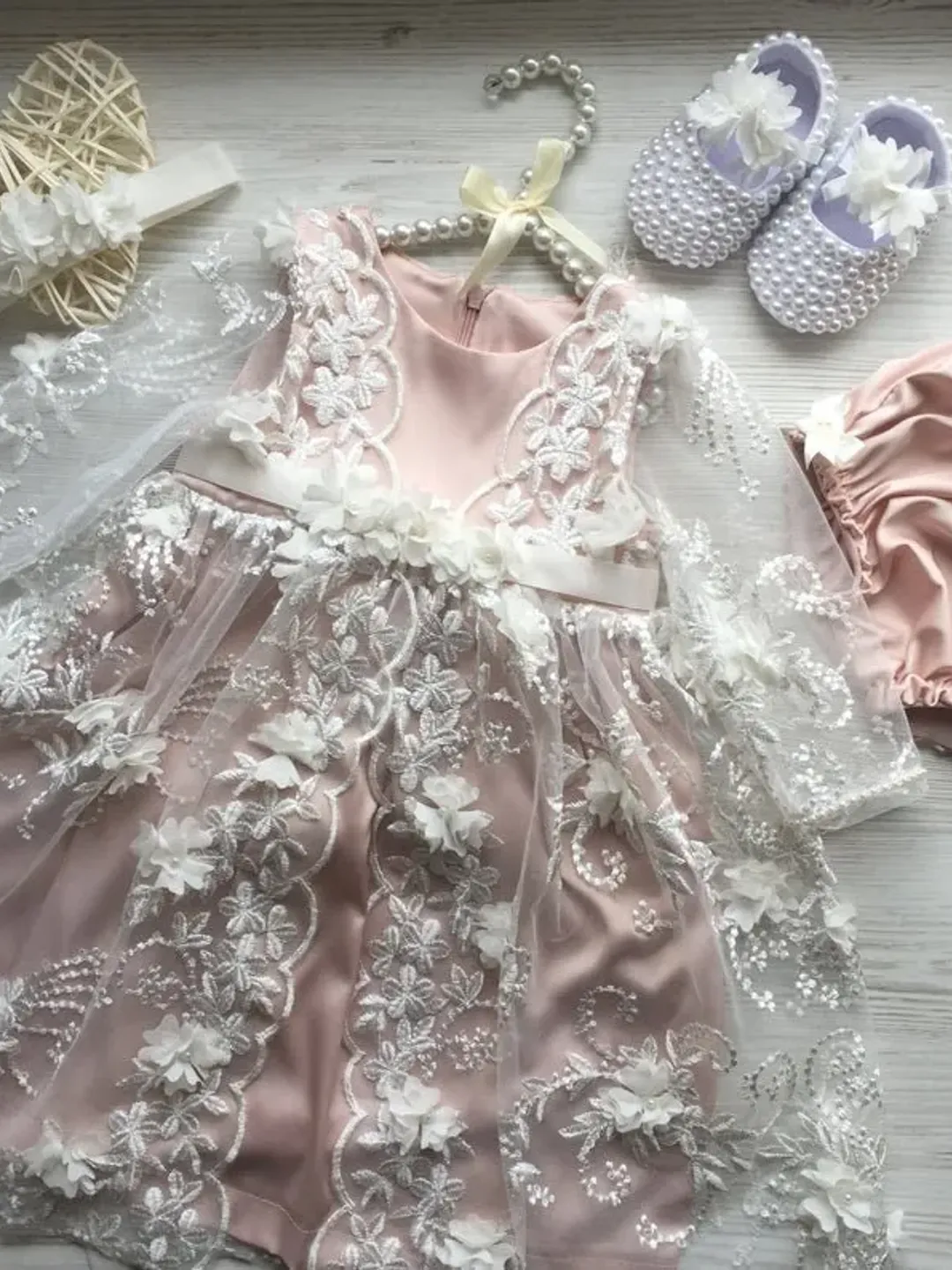 Baptism outfit for baby girl. Christening gown for baby girl. Dress with 3d flowers, headband, panties and booties for baby girl.