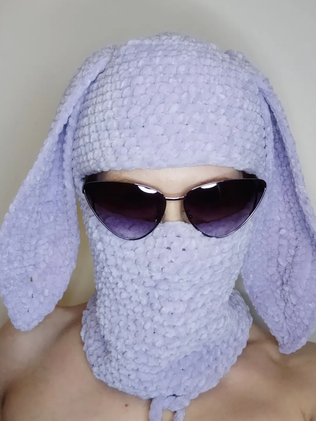 Lilac bunny balaclava Hand knit balaclava with rabbit ear Trendy balaclava for teens Pastel purple full face mask